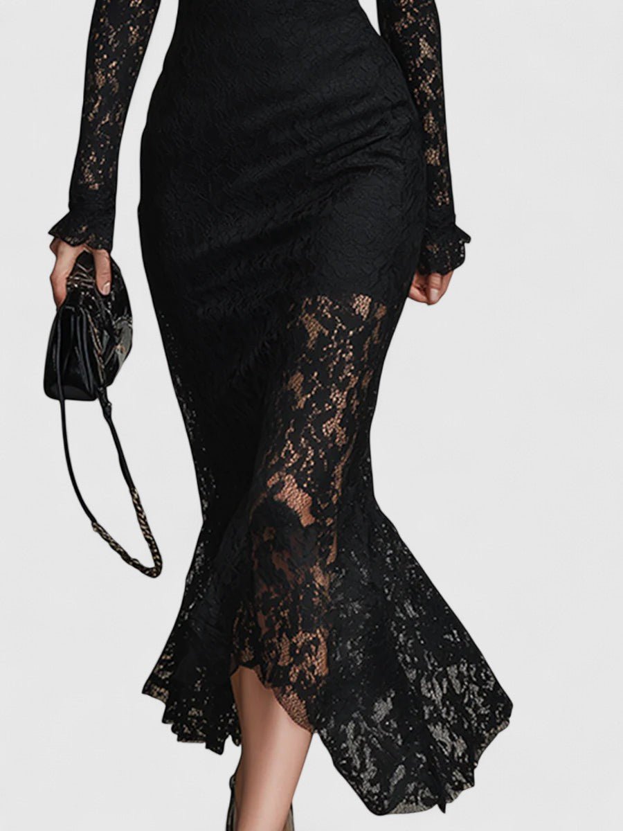 Black High Neck Lace Long Sleeve Sheer Fishtail Bodycon Maxi Dress