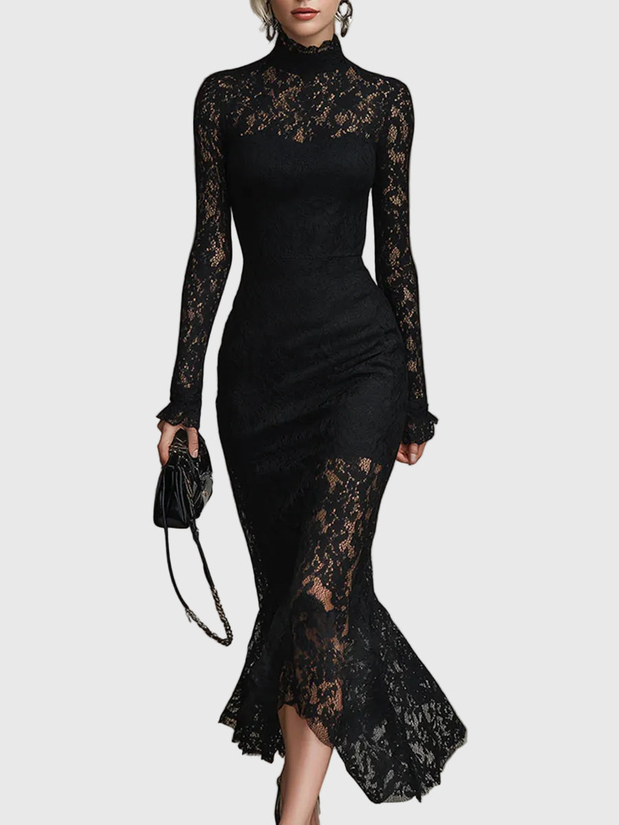 Black Mock Neck Long Sleeve Sheer Lace Fishtail Mermaid Midi Dress