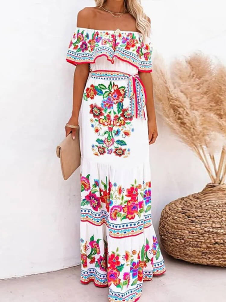 Elegant Short Sleeve Print Maxi Dress