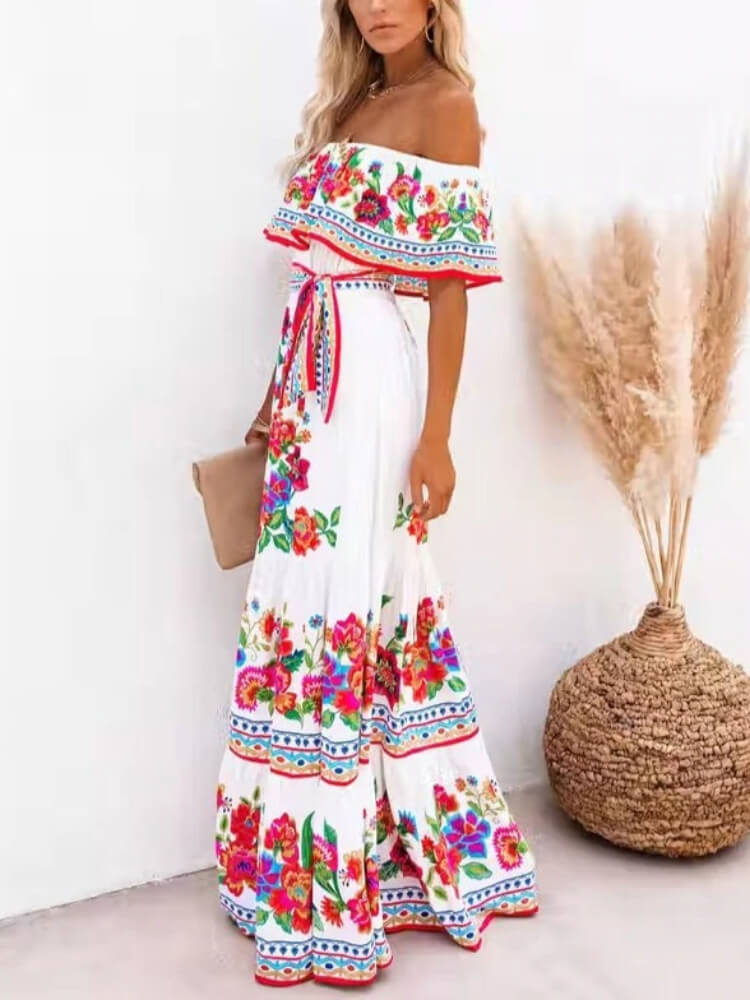 Elegant Short Sleeve Print Maxi Dress