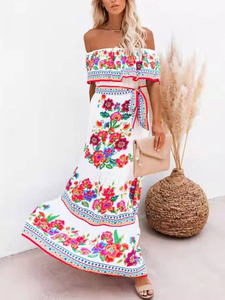 Elegant Short Sleeve Print Maxi Dress