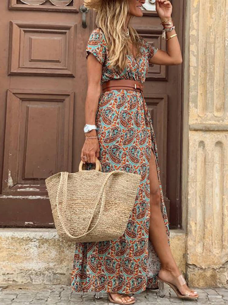 Elegant V Neck Short Sleeve Paisley Print Belt Maxi Dress