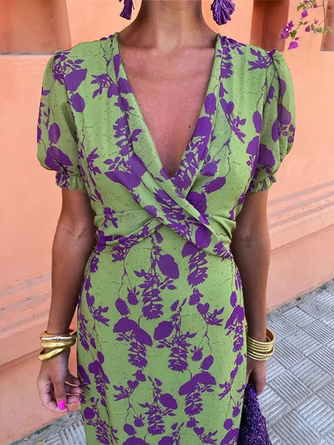 Green V-Neck Puff Sleeve Floral Print Twist Front Midi Dress