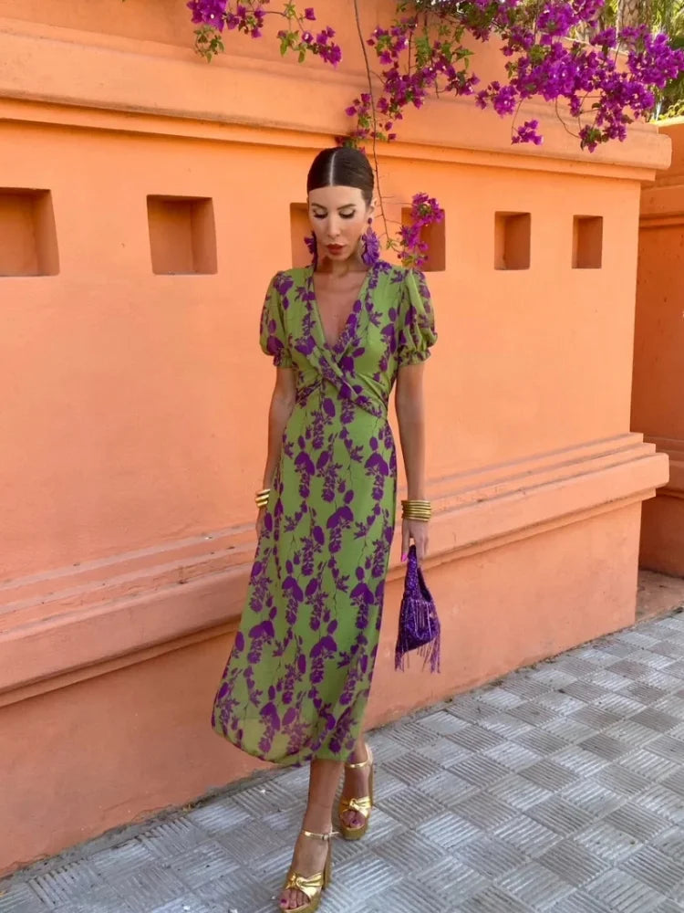 Green/purple V-Neck Floral Print Puff Sleeve Twist Front Bodycon Midi Dress 4