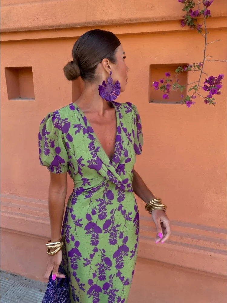 Green V-Neck Puff Sleeve Floral Print Twist Front Midi Dress