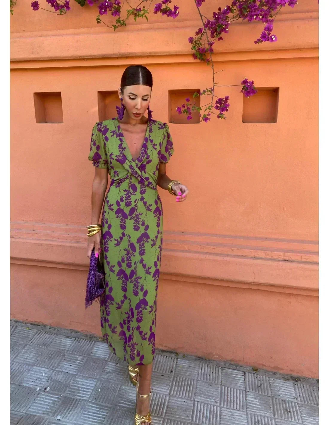 Green V-Neck Puff Sleeve Floral Print Twist Front Midi Dress
