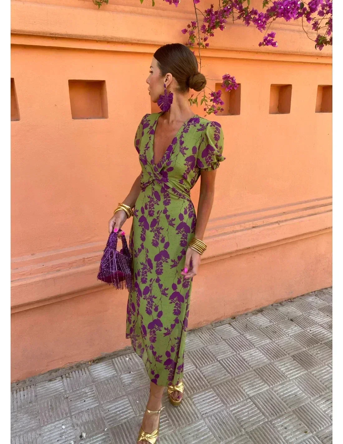Green/purple V-Neck Floral Print Puff Sleeve Twist Front Bodycon Midi Dress 5