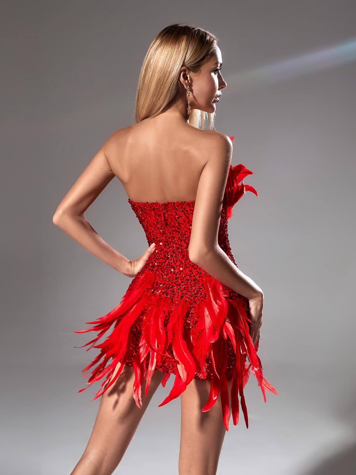 Strapless Sequin Feather Mini Dress