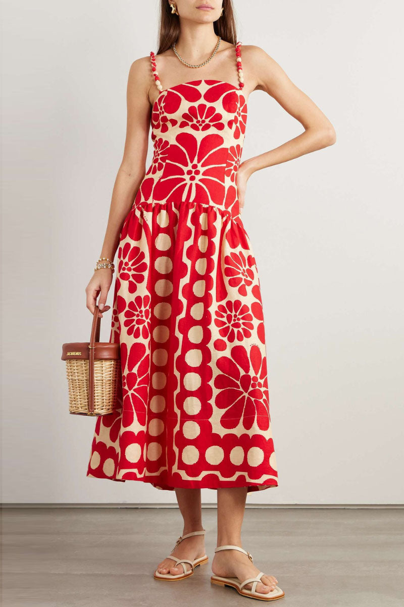 Soledad Timeless Red Spaghetti Strap Maxi Dress with Floral Print Elevated Occasion Wear