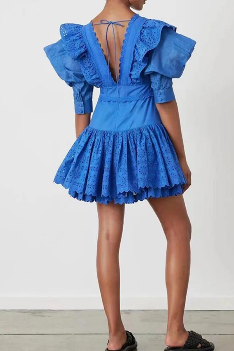 Rosalía Minimalist Backless Mini Dress with Ruffles and a Plunging Neckline Statement Occasion Edit