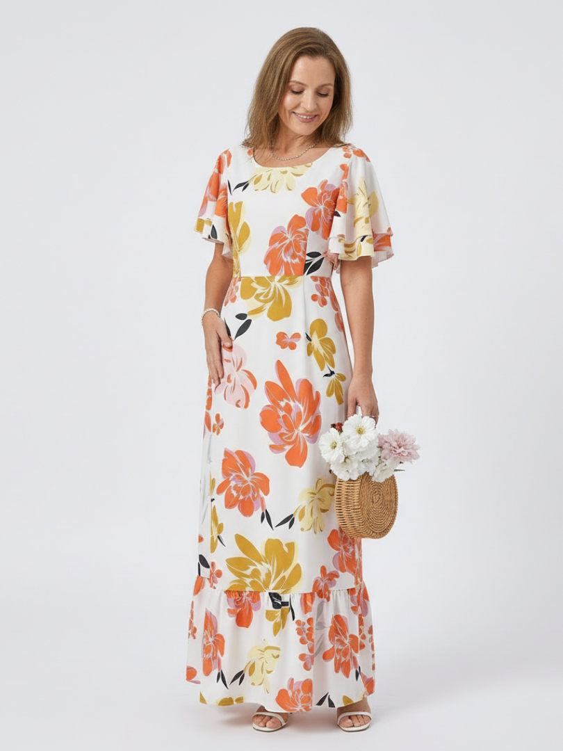 Round Neck Floral Flutter Sleeve Tiered A-Line Maxi Dress