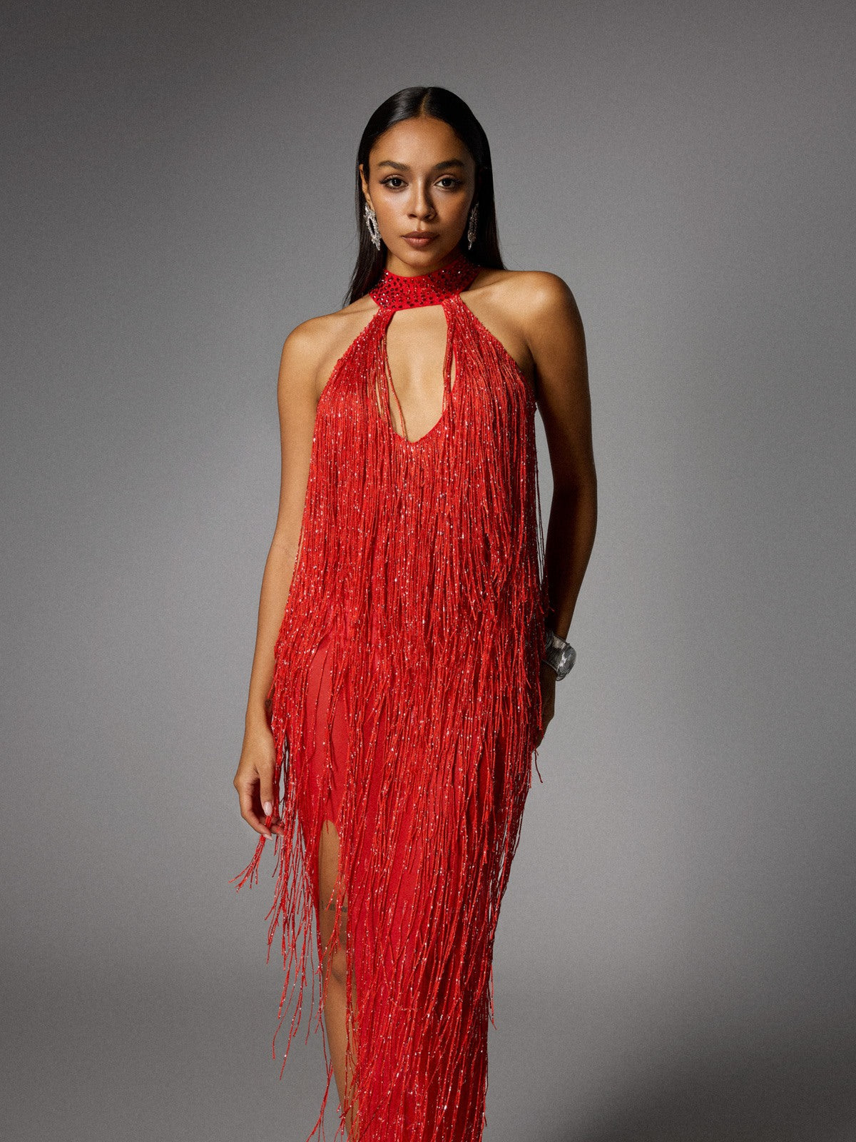 Halterneck Fringe Cutout Split Maxi Dress In Red