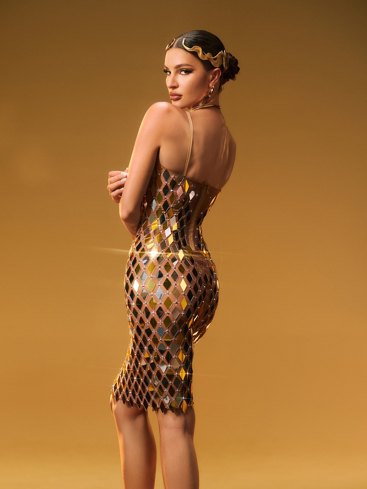Spaghetti Acrylic Embellished Mini Dress