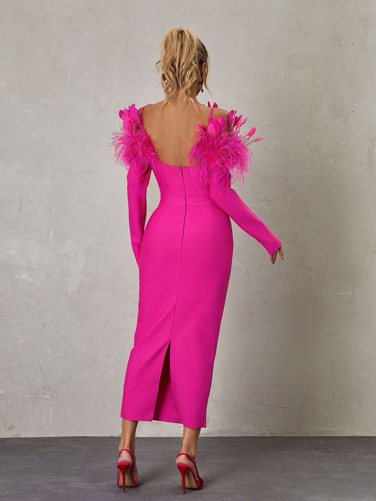 Off-Shoulder Feather Trim Long Sleeve Bandage Bodycon Midi Dress