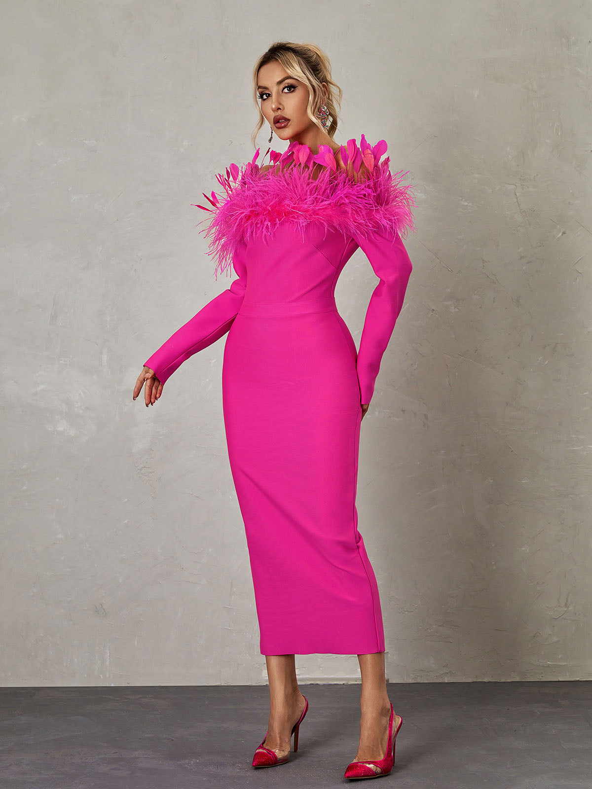 Off-Shoulder Feather Trim Long Sleeve Bandage Bodycon Midi Dress