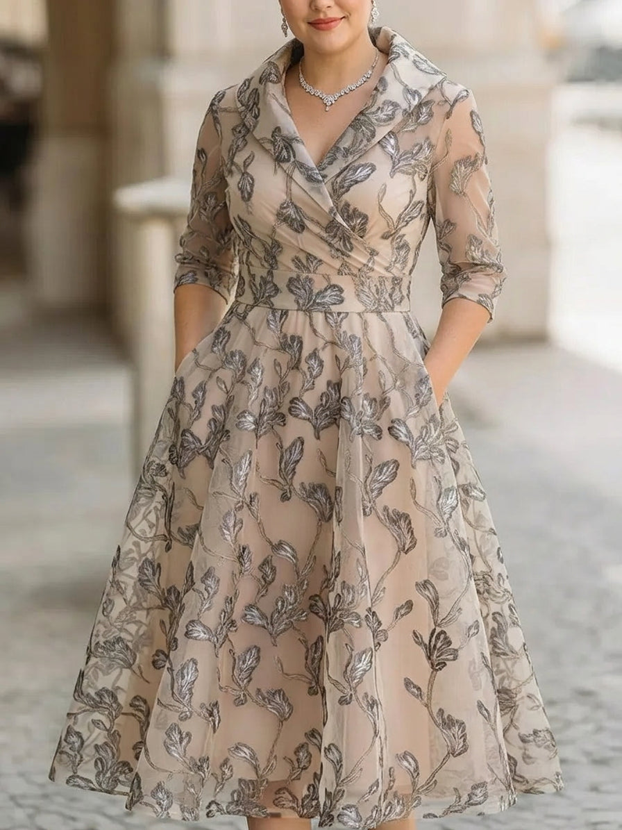 Apricot Shawl Collar Embroidered Metallic Leaf Mesh A-Line Midi Dress