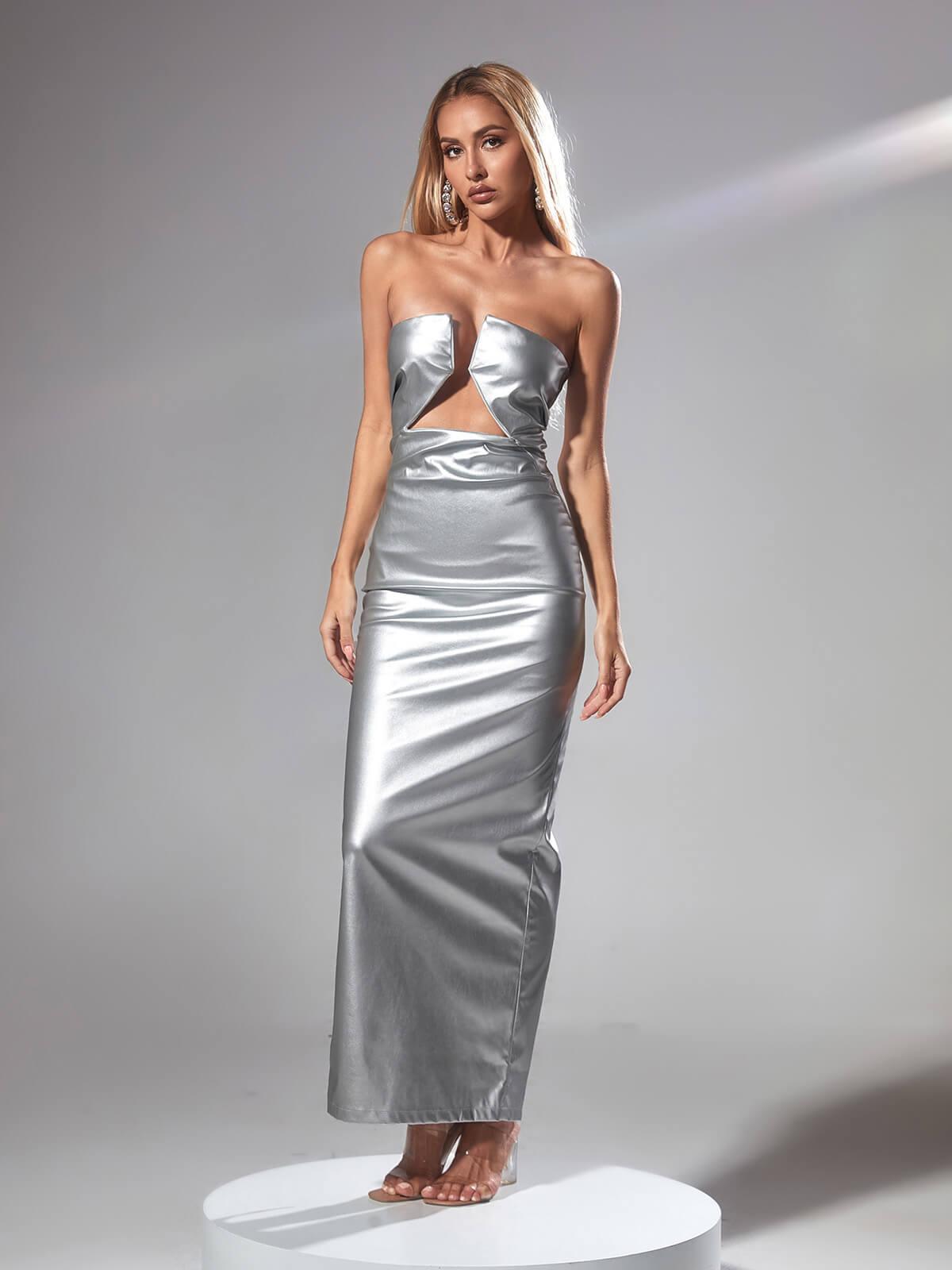 Strapless Metallic V-Bust Cutout Ruched Bodycon Maxi Dress