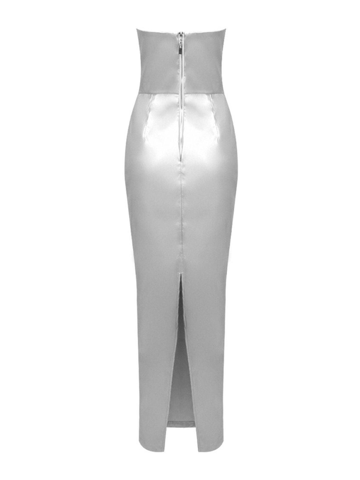 Emer Strapless Leather Maxi Dress In Silver