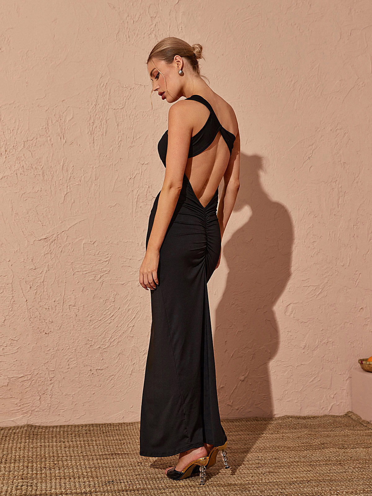 One Shoulder Backless Ruched Bodycon Maxi Dress 5