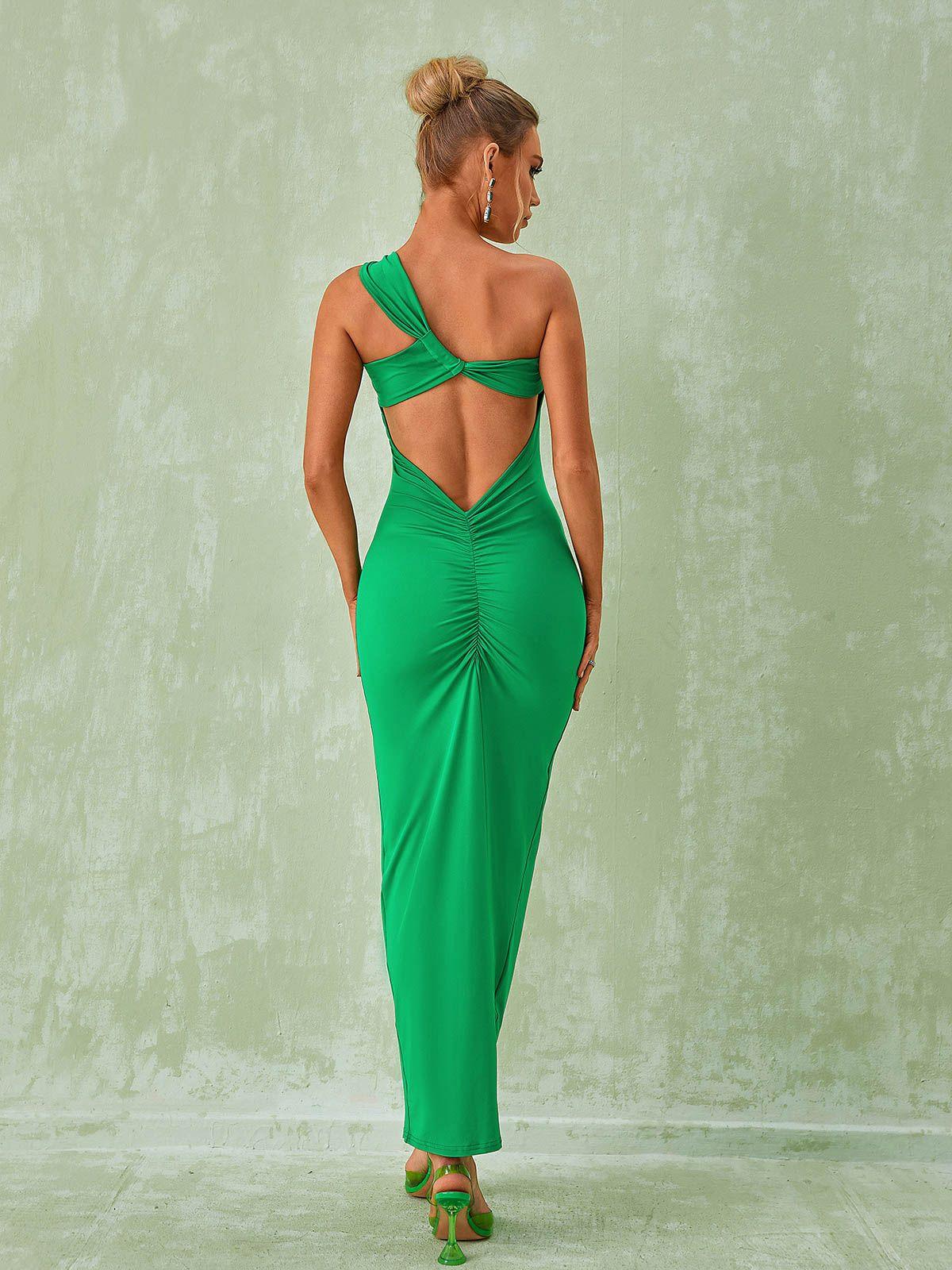 One Shoulder Backless Ruched Bodycon Maxi Dress