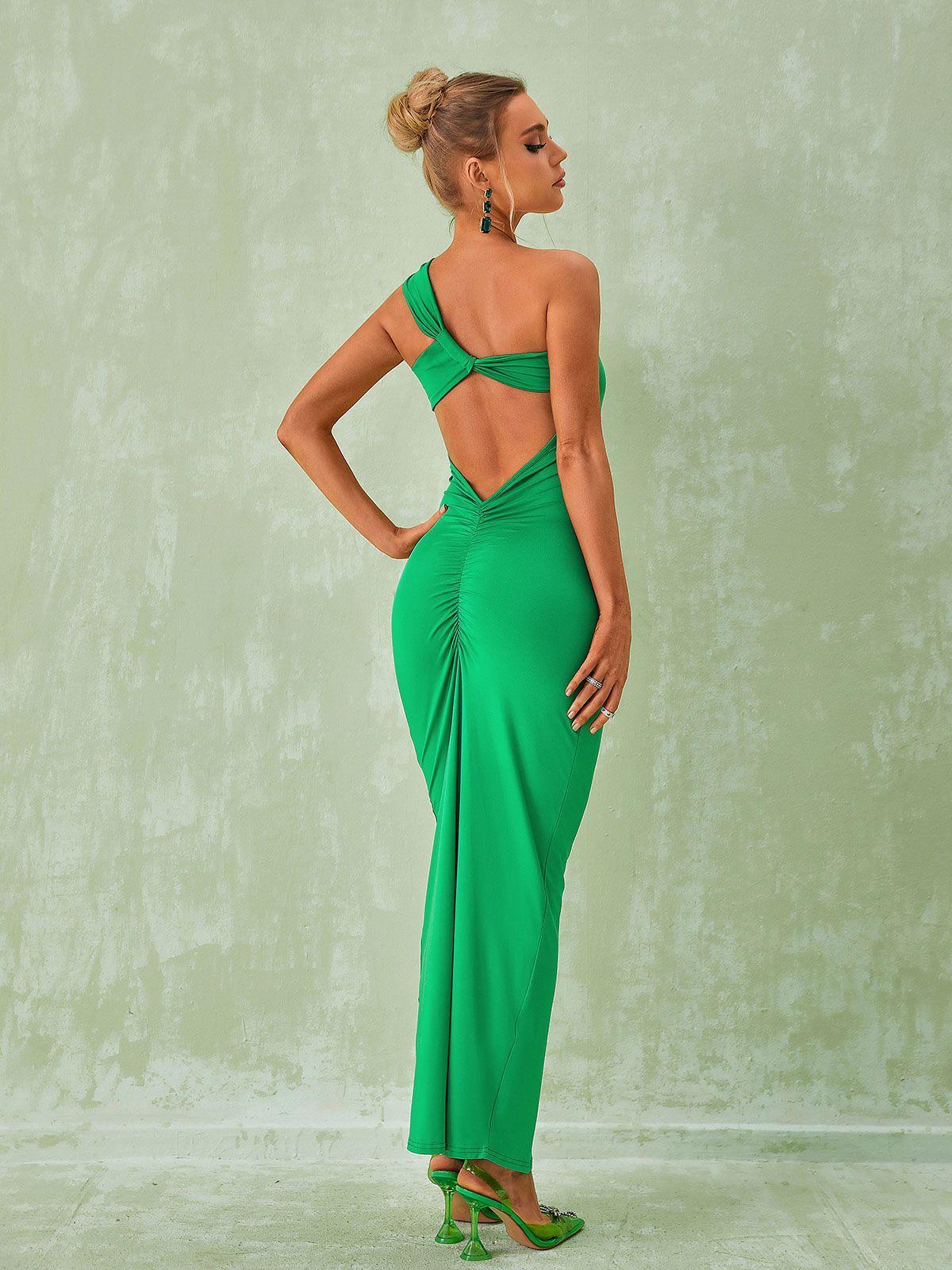One Shoulder Backless Maxi Dress In Green