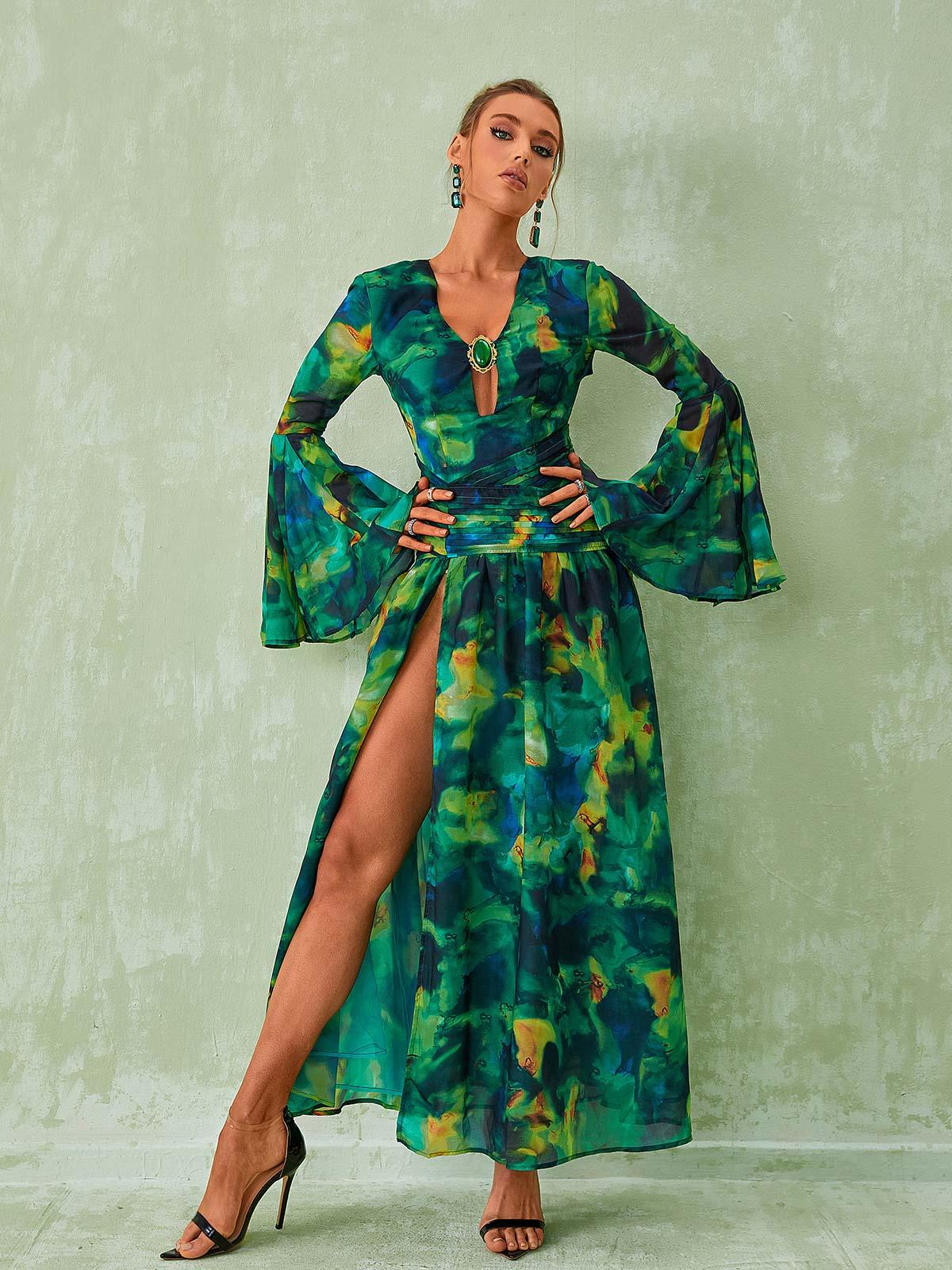 Green Plunge Neck Abstract Print Flare Sleeve High Slit Maxi Dress