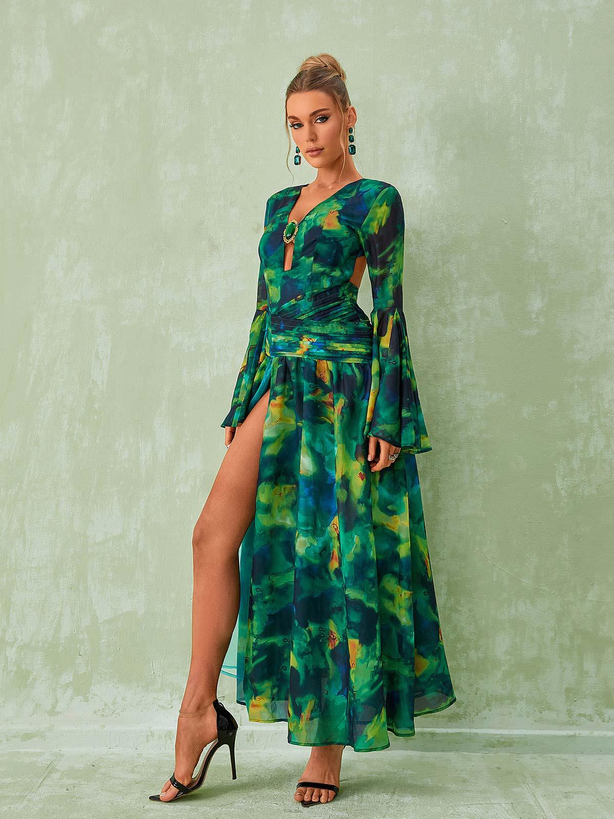 Green Plunge Neck Abstract Print Flare Sleeve High Slit Maxi Dress 4