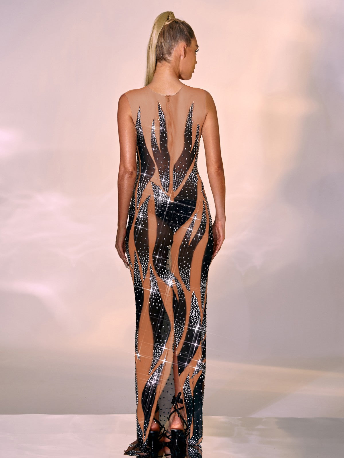 Round Neck Rhinestone Sheer Mesh Sleeveless Bodycon Maxi Dress