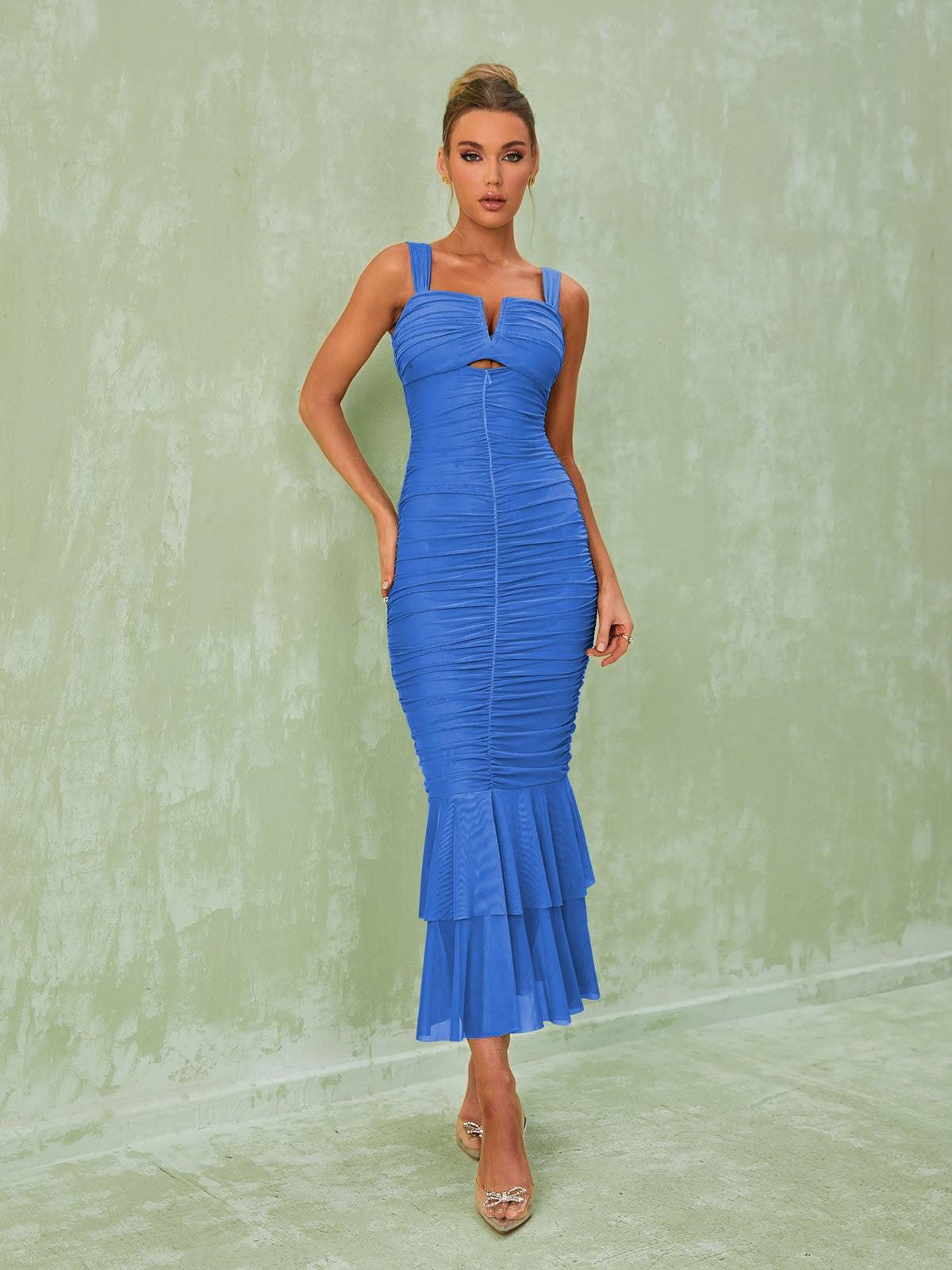 Sweetheart Neck Cutout Ruched Tiered Ruffle Hem Mermaid Midi Dress