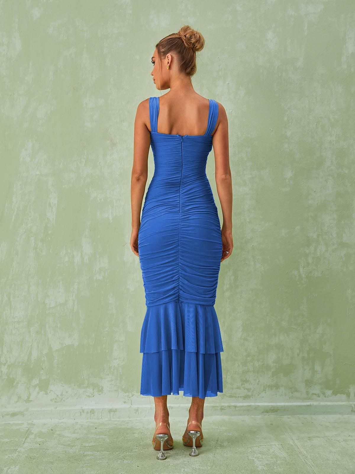Sweetheart Neck Cutout Ruched Tiered Ruffle Hem Mermaid Midi Dress 5
