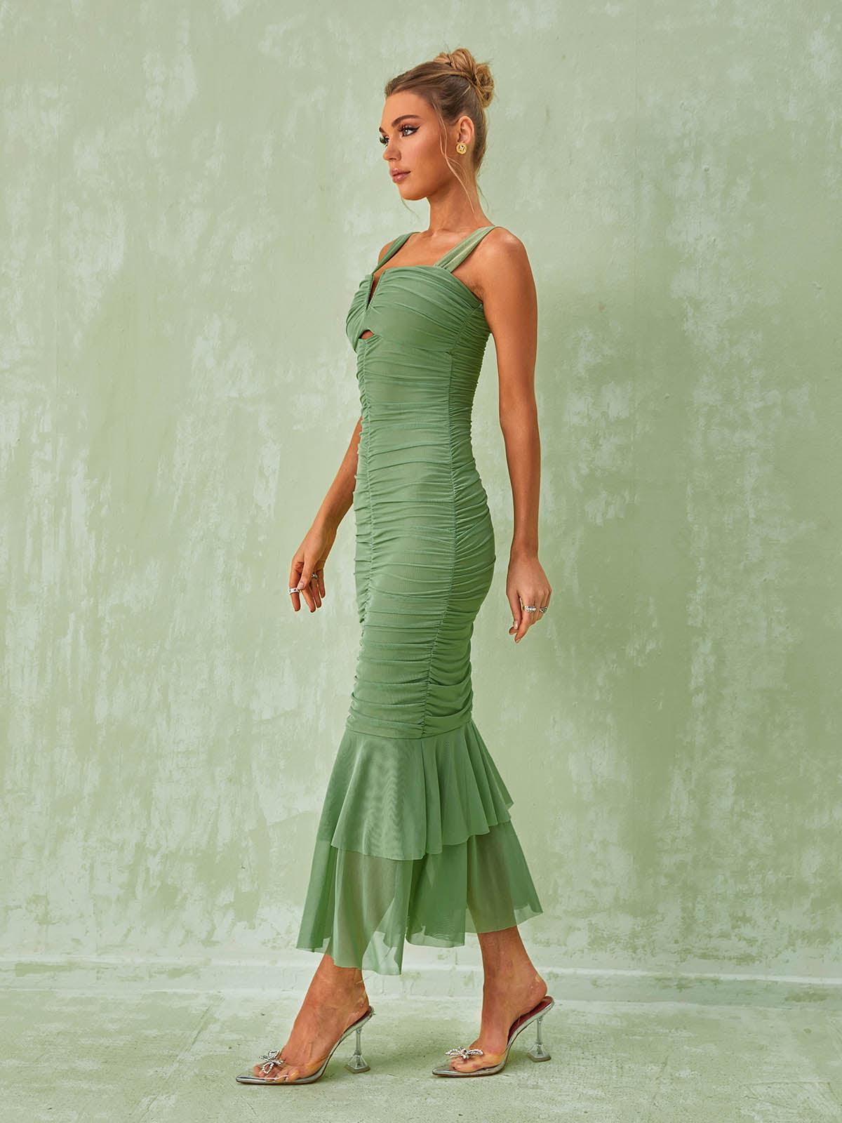 Sweetheart Cutout Ruched Mesh Ruffle Hem Mermaid Midi Dress
