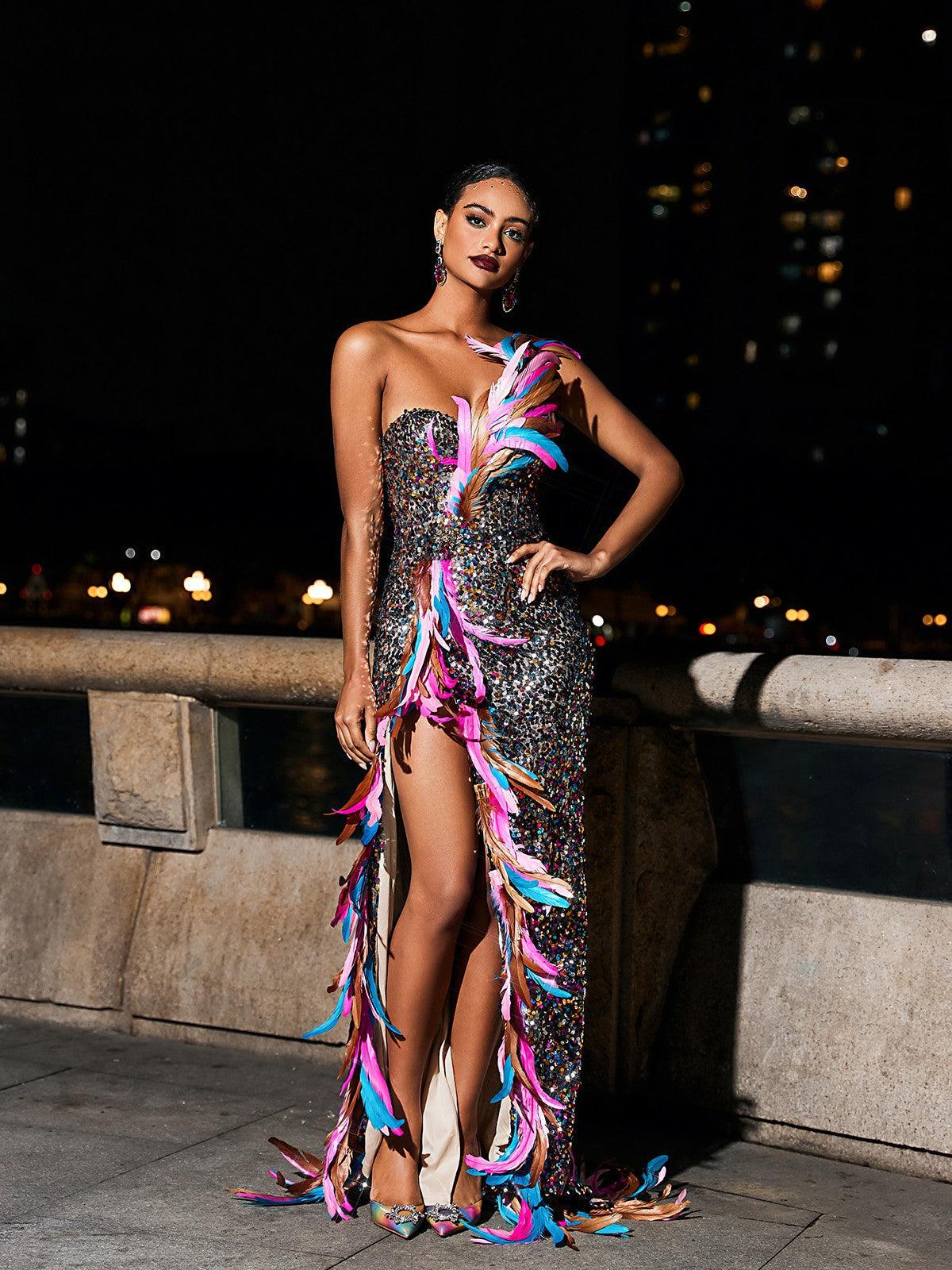 Strapless Feather Split Sequin Dress
