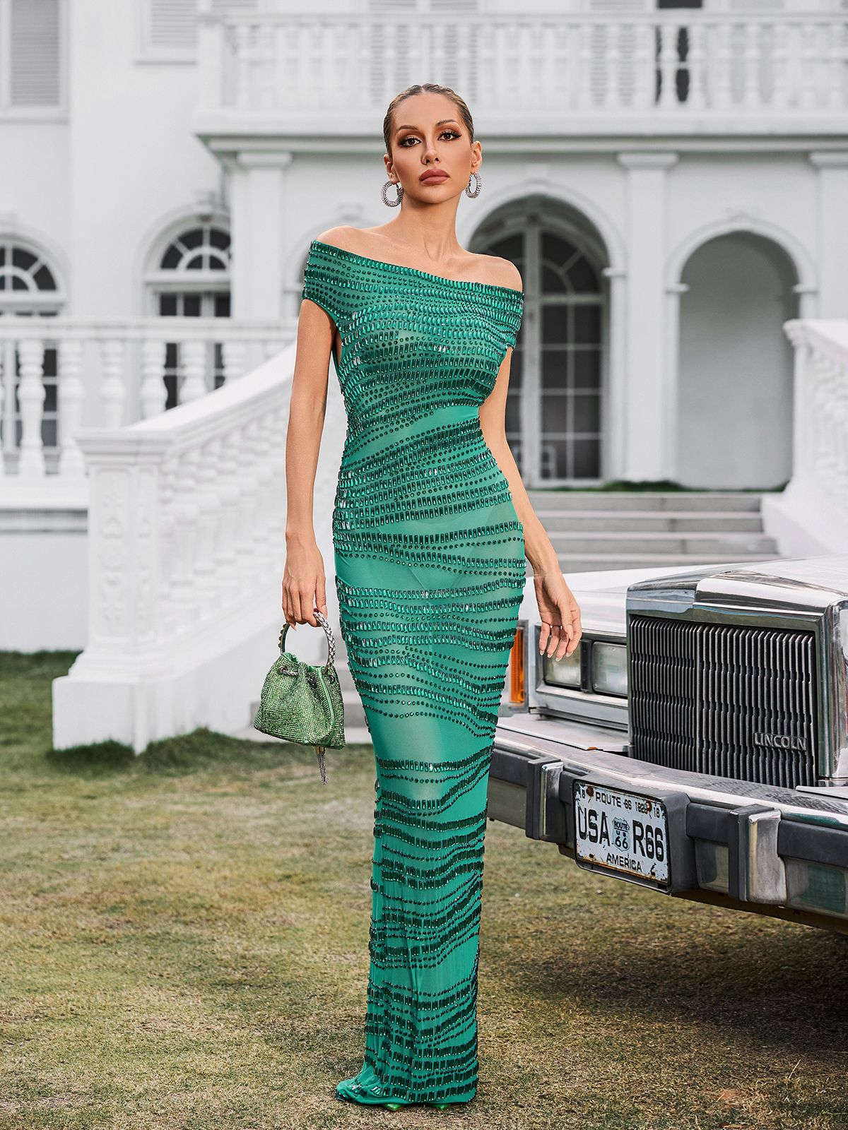 Off Shoulder Rhinestone Mesh Maxi Dress In Green