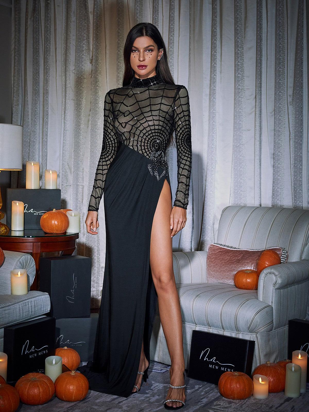 Long Sleeve Cobweb Sequin Split Dress