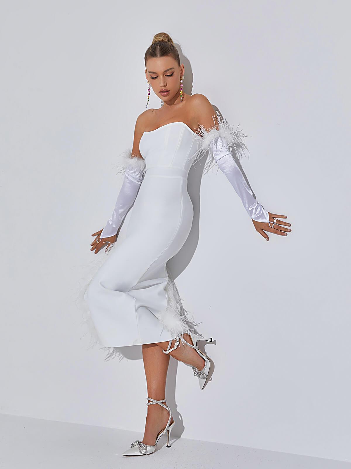 Strapless Feather Trim Asymmetric Hem Bandage Bodycon Midi Dress