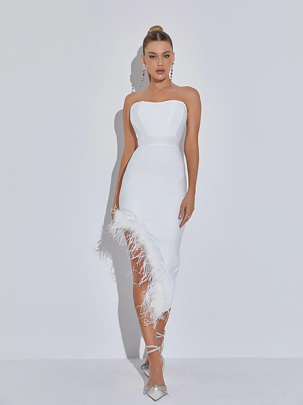 Strapless Feather Trim Asymmetric Hem Bandage Bodycon Midi Dress