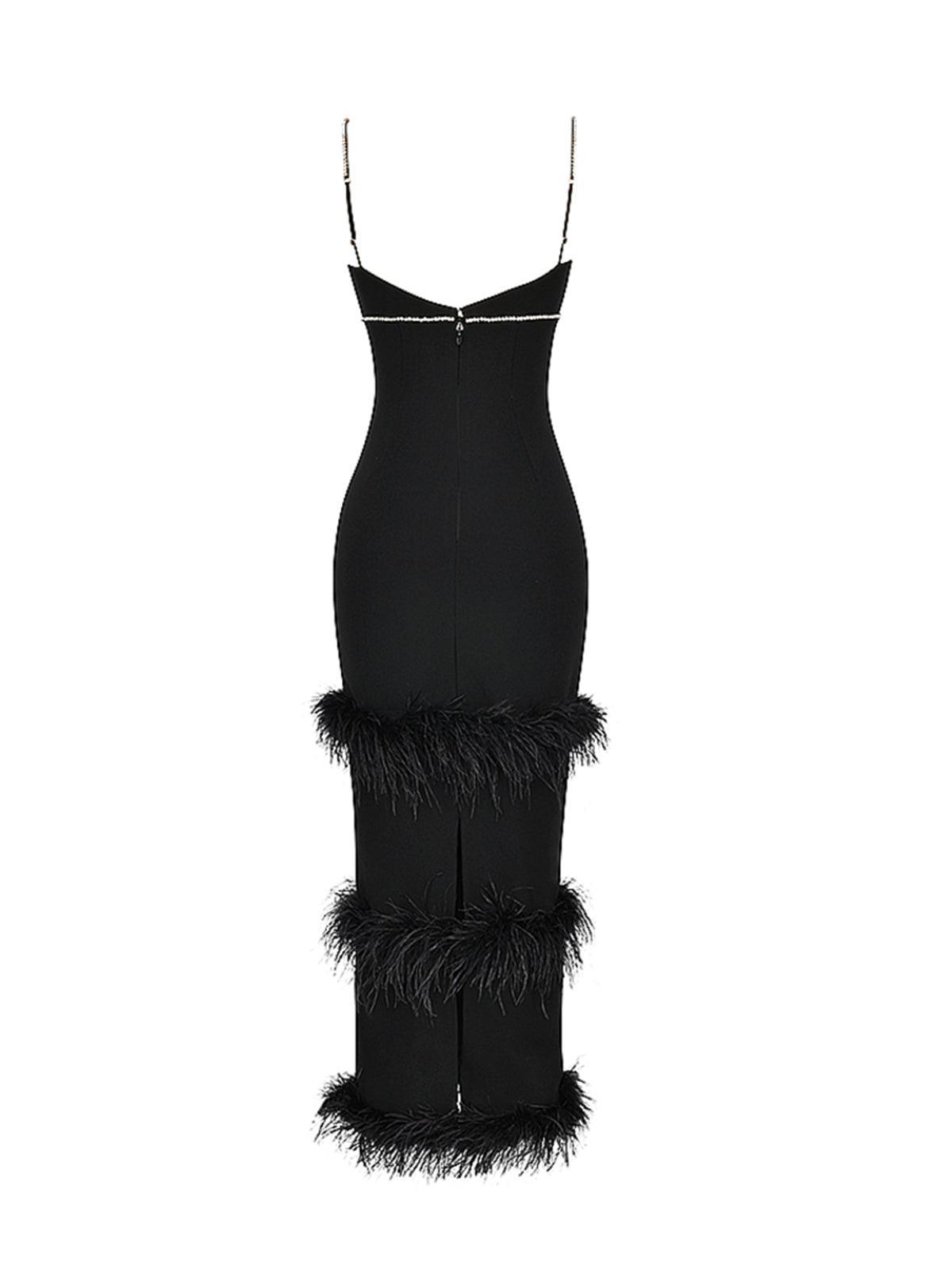 Rhinestone Strap V-Neck Feather Trim Bodycon Maxi Dress