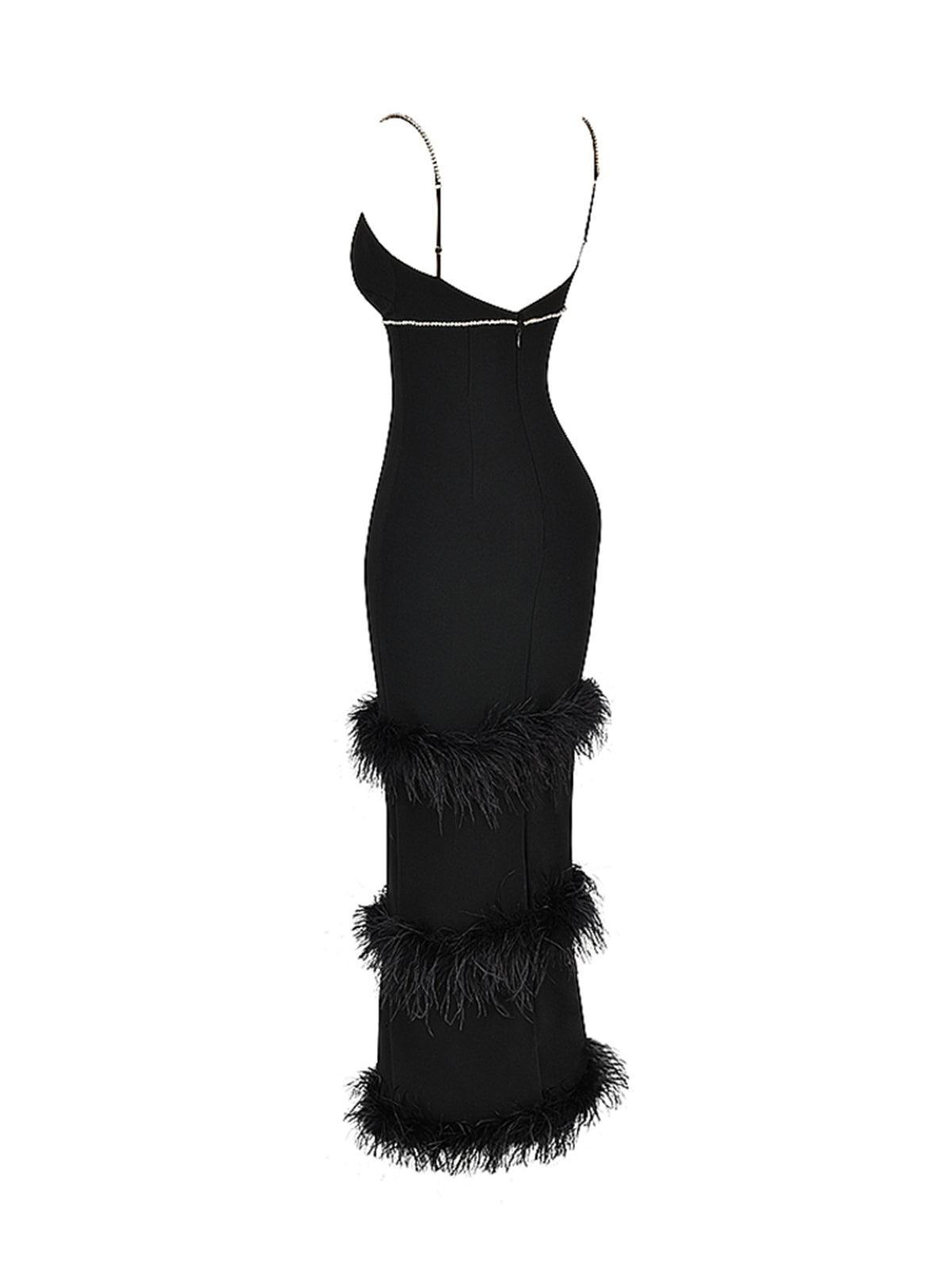 Rhinestone Strap V-Neck Feather Trim Bodycon Maxi Dress