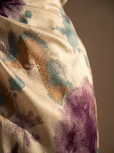 Violet Silk Surplice V-Neck Satin Watercolor Print Long Sleeve Wrap Slit Midi Dress 4