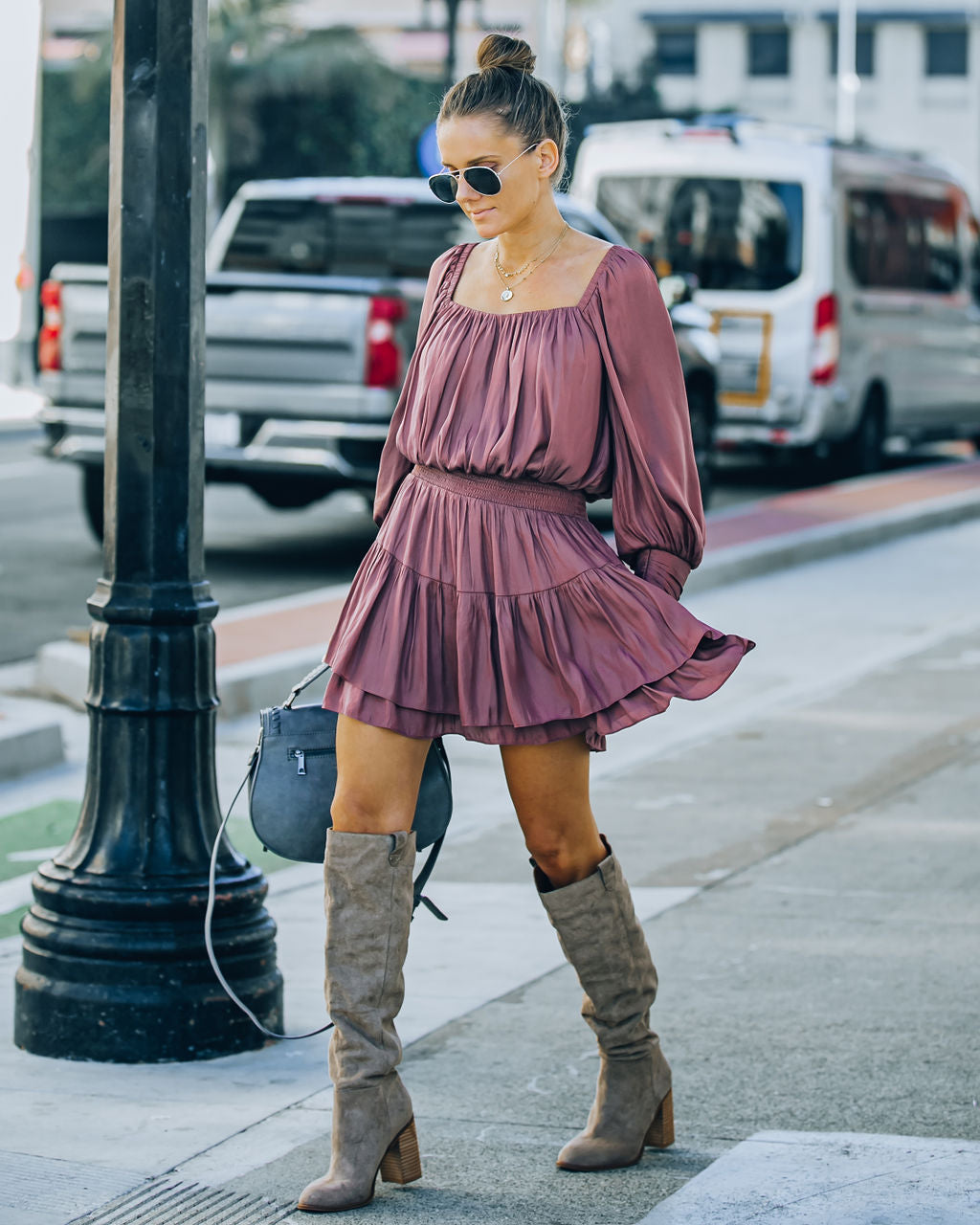 Ayla Smocked Ruffle Mini Dress Dark Mauve FINAL