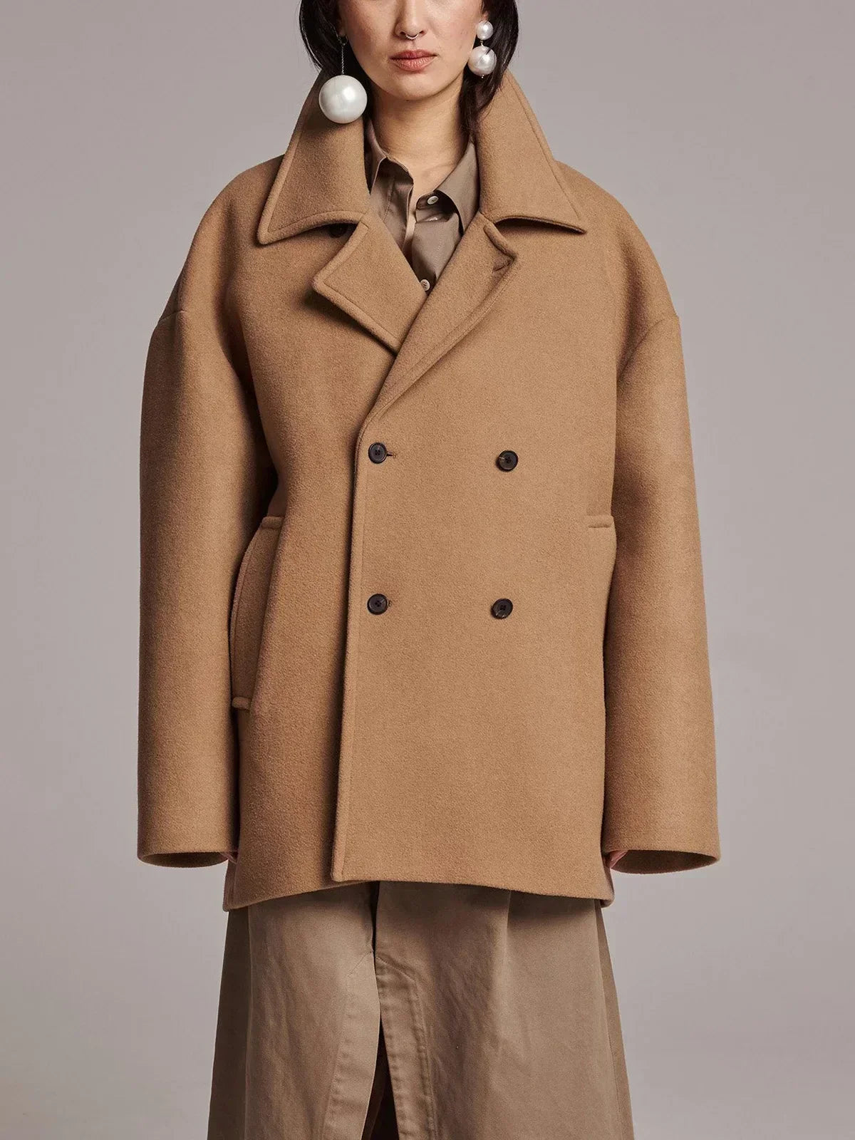 Black Lapel Slim Single-Breasted Overcoat camel / XS