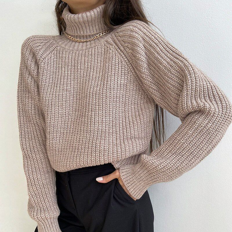 Beige Turtleneck Chunky Rib Knit Long Sleeve Pullover Sweater