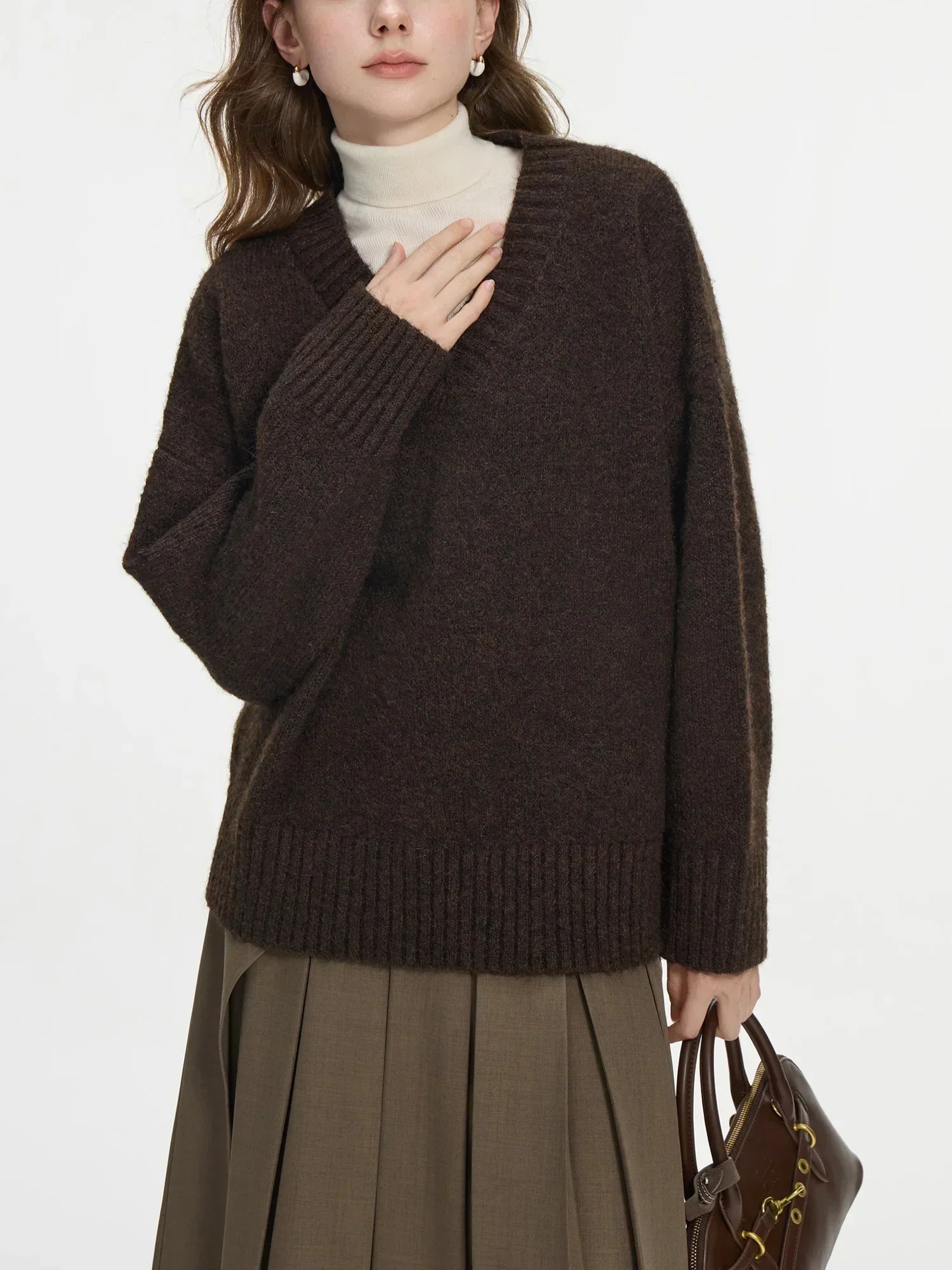 V-Neck Pullover Wool Warm Sweater Dark brown / XS