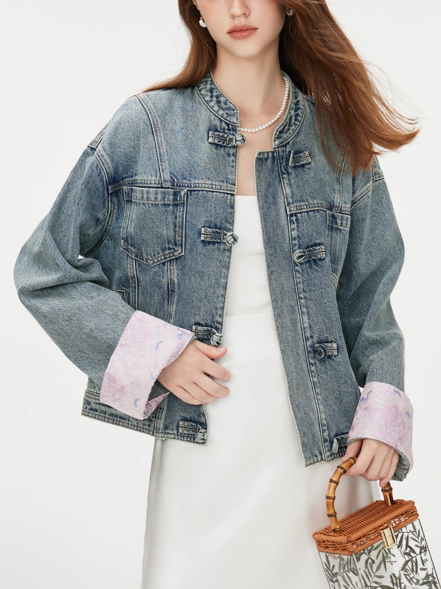 Retro Short Cotton VNeck Patchwork Design Autumn Jacket