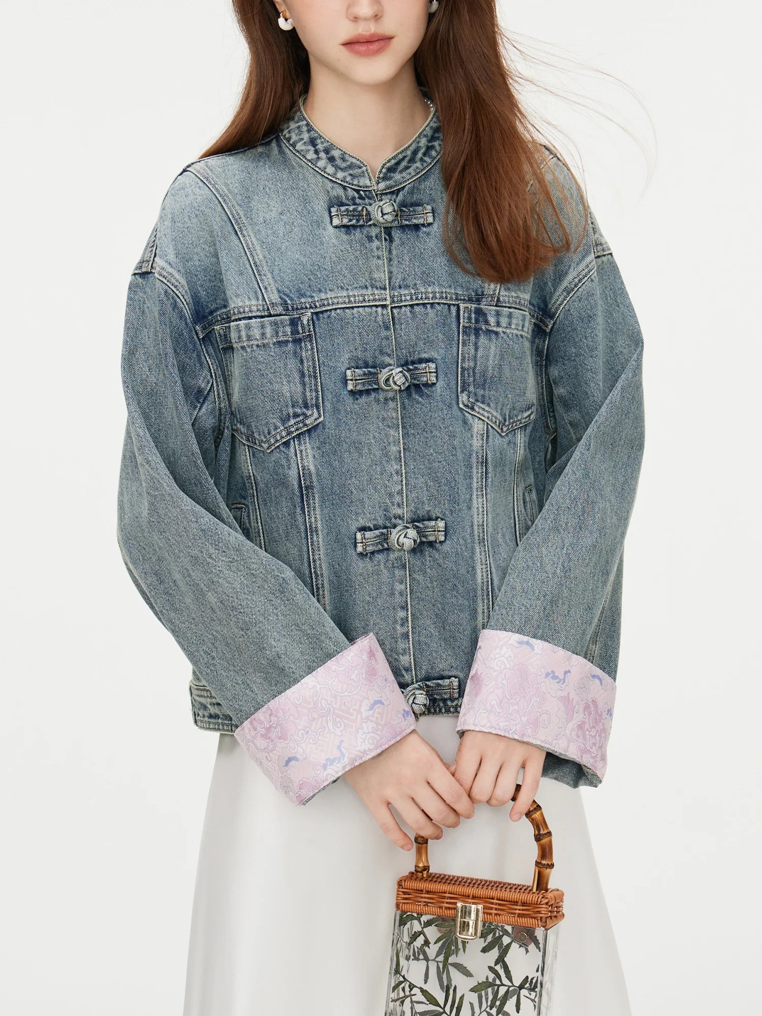 Retro Short Cotton VNeck Patchwork Design Autumn Jacket