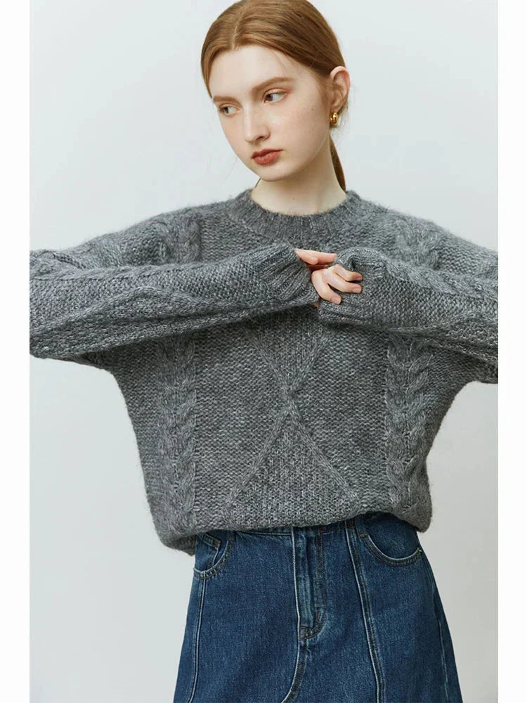 Rhombus Pattern Twist Knitted Pullover Sweater GRAY / S