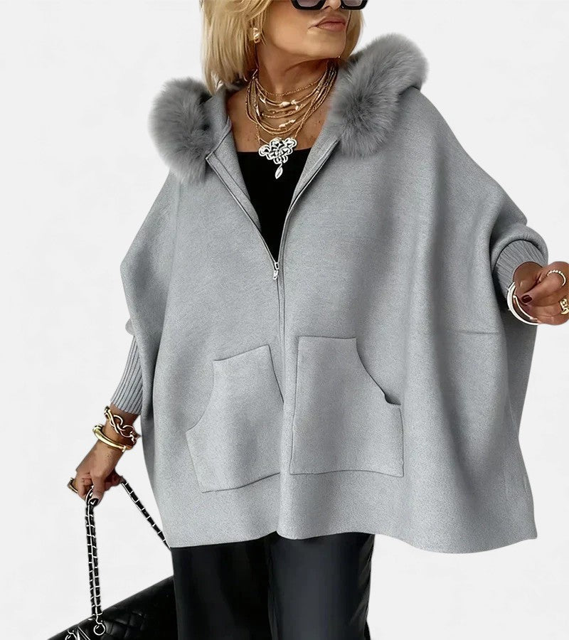 Faux Fur Hooded Zip Front Batwing Patch Pocket Cape Jacket