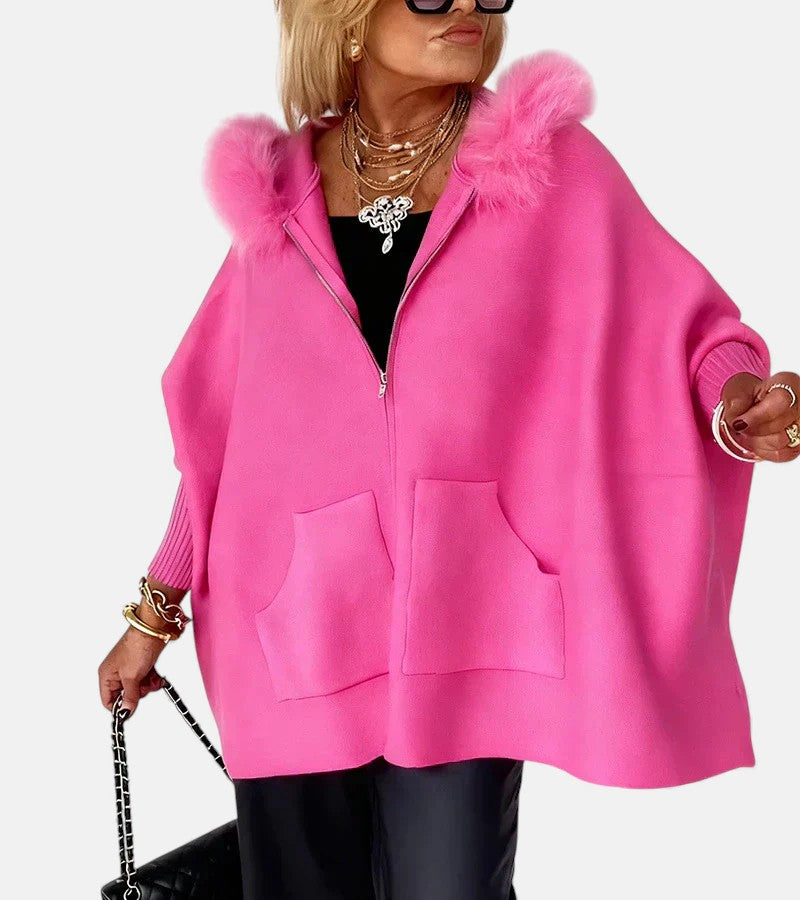 Faux Fur Hooded Zip Front Batwing Patch Pocket Cape Jacket