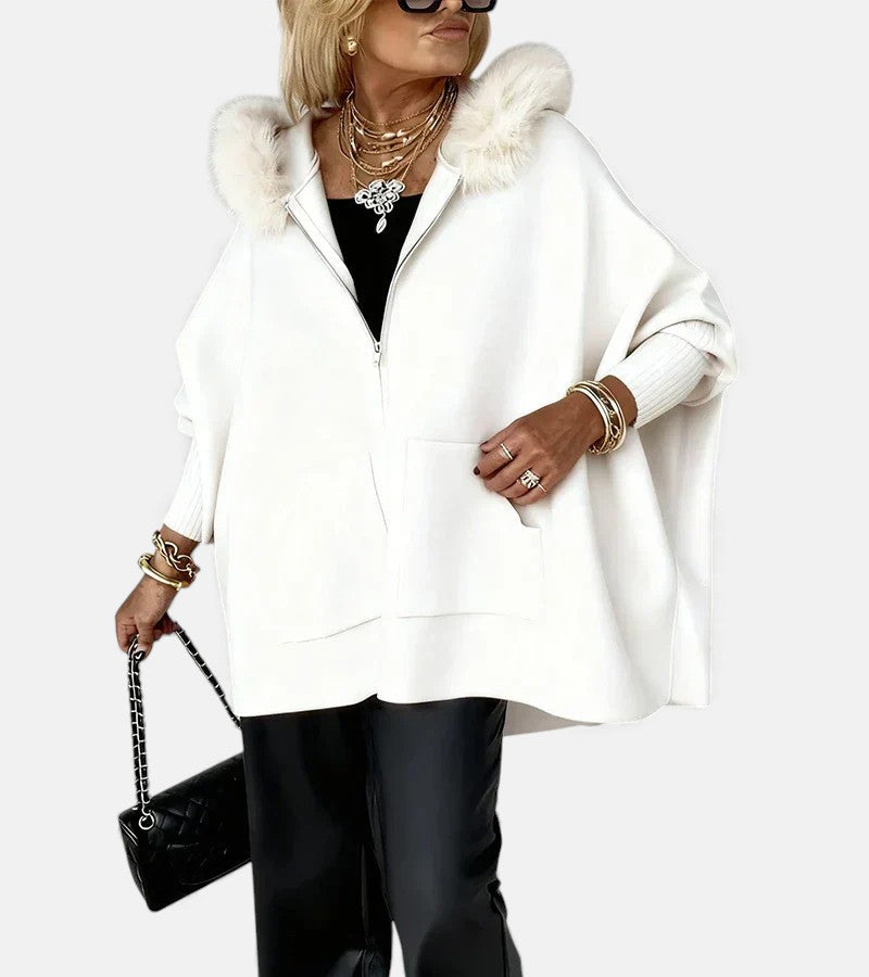 Faux Fur Hooded Zip Front Batwing Patch Pocket Cape Jacket