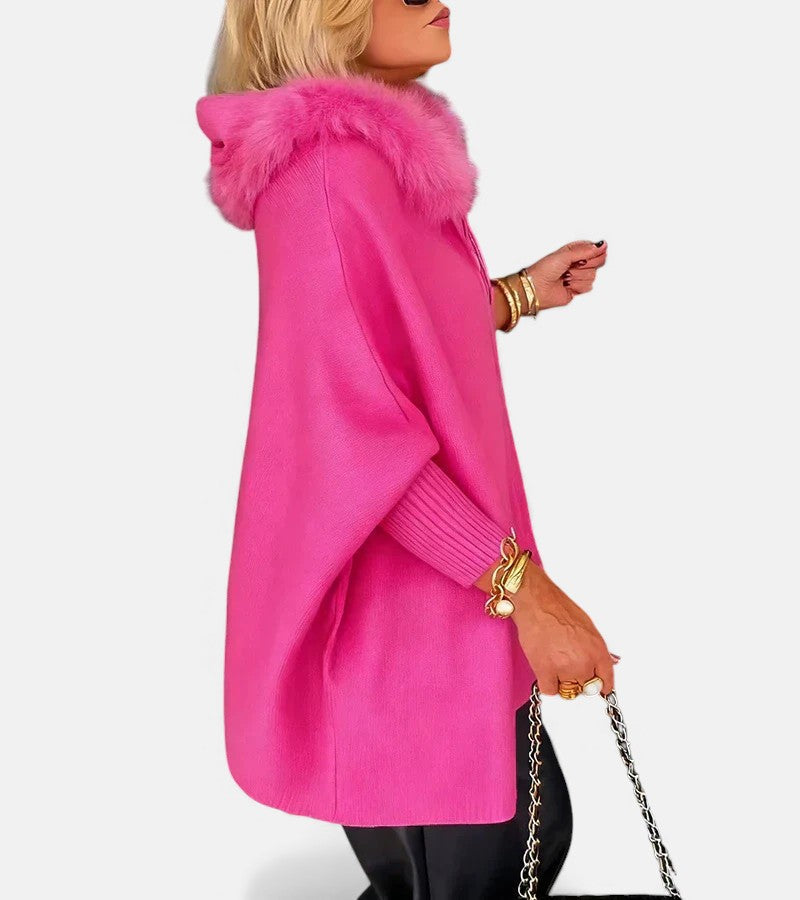 Faux Fur Hooded Zip Front Batwing Patch Pocket Cape Jacket
